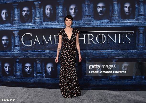 Actress Lena Headey arrives at the premiere of HBO's "Game Of Thrones" Season 6 at the TCL Chinese Theatre on April 10, 2016 in Hollywood, California.