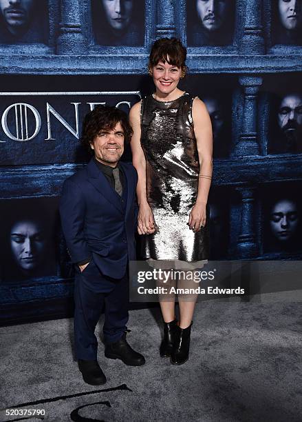 Actor Peter Dinklage and Erica Schmidt arrive at the premiere of HBO's "Game Of Thrones" Season 6 at the TCL Chinese Theatre on April 10, 2016 in...