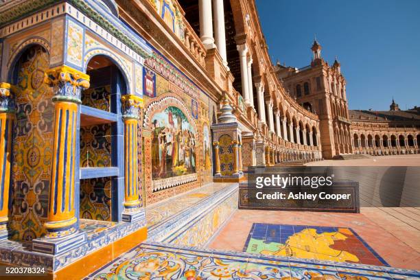 the magnificent plaza de espana in maria louisa park in seville, spain. - seville stock pictures, royalty-free photos & images
