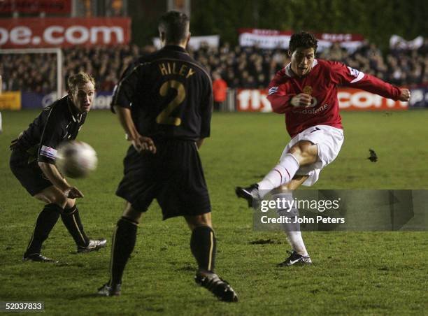 Cristiano Ronaldo of Manchester United tries a shot during the FA Cup third round replay match between Exeter City and Manchester United at St James...