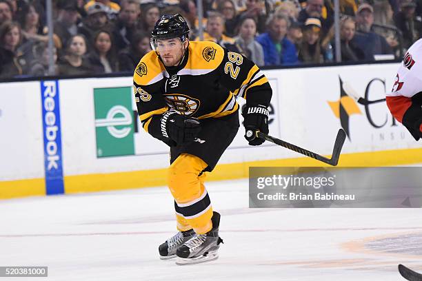 Landon Ferraro of the Boston Bruins skates against the Ottawa Senators at the TD Garden on April 9, 2016 in Boston, Massachusetts.