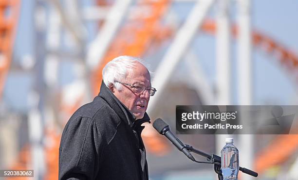 Senator Sanders addresses supporters on Coney Island Boardwalk. Democratic presidential candidate Bernie Sanders addressed supporters on the Coney...