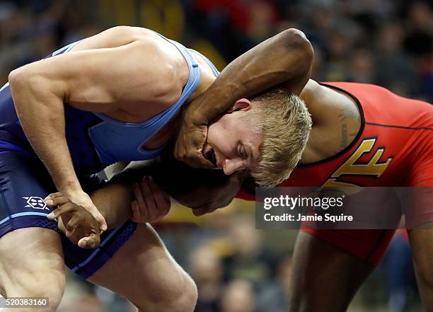 Kyle Dake and J'Den Cox compete in the 86kg freestyle championship match during day 2 of the 2016 U.S. Olympic Team Wrestling Trials at...