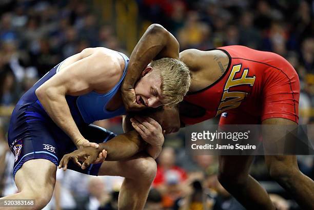 Kyle Dake and J'Den Cox compete in the 86kg freestyle championship match during day 2 of the 2016 U.S. Olympic Team Wrestling Trials at...