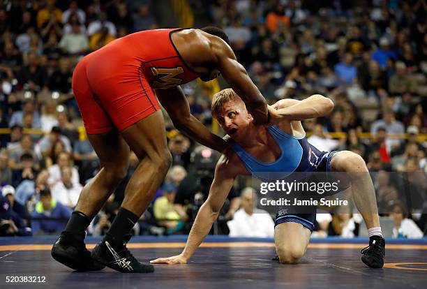 Kyle Dake and J'Den Cox compete in the 86kg freestyle championship match during day 2 of the 2016 U.S. Olympic Team Wrestling Trials at...