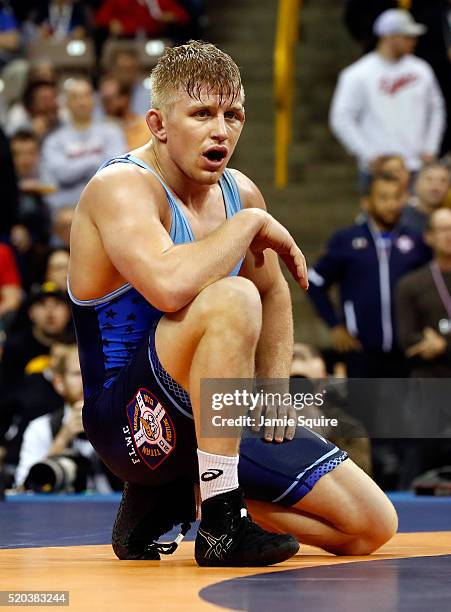 Kyle Dake is defeated by J'Den Cox in the 86kg freestyle championship match during day 2 of the 2016 U.S. Olympic Team Wrestling Trials at...