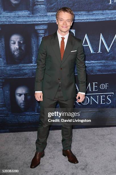 Actor Alfie Allen arrives at the premiere of HBO's "Game of Thrones" Season 6 at the TCL Chinese Theatre on April 10, 2016 in Hollywood, California.