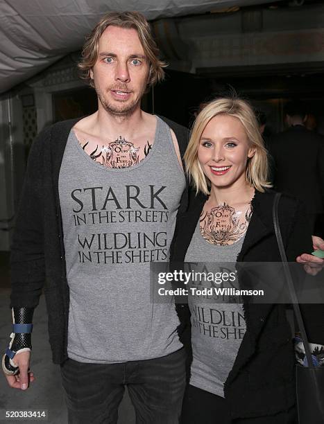 Dax Shepard and Kristen Bell wear Game of Thrones Shirts at Tattoos on a date night at the premiere of HBO's "Game Of Thrones" Season 6 at TCL...