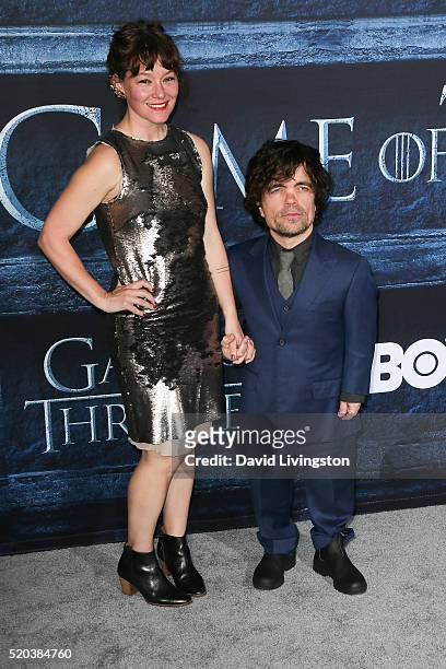 Actor Peter Dinklage and Erica Schmidt arrive at the premiere of HBO's "Game of Thrones" Season 6 at the TCL Chinese Theatre on April 10, 2016 in...