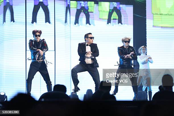 Singer Psy performs onstage during the 4th Chart Awards on April 10, 2016 in Beijing, China.