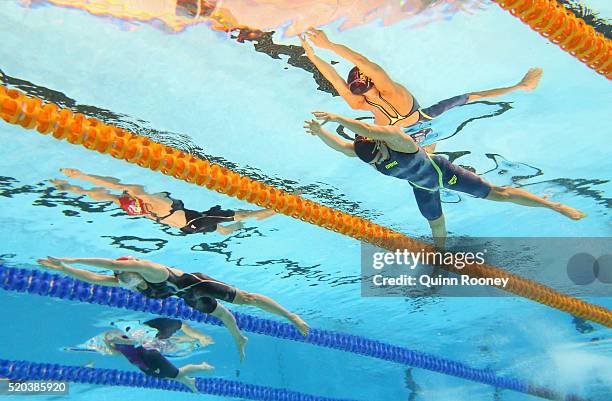 Alice Butler, Cassandra Van Breugel and Justine Spurr of Australia competes in the Women's 200 Metre Breaststroke during day four of the Australian...