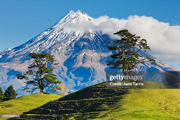 lush hills in front of mount egmont - mt taranaki stock pictures, royalty-free photos & images