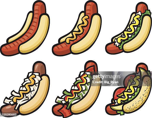 ilustraciones, imágenes clip art, dibujos animados e iconos de stock de calientes dogs - salchicha bratwurst