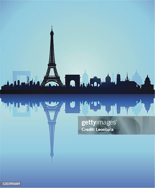 detailed paris skyline (complete, separate, detailed buildings) - jardin des tuileries stock illustrations