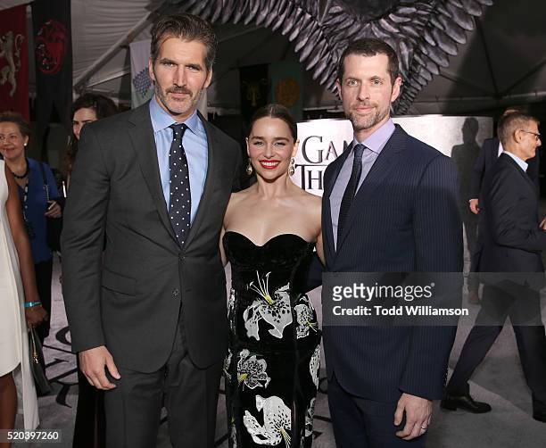 Creator/Executive Producer David Benioff, Emilia Clarke and Creator/Executive Producer Dan Weiss attend the premiere of HBO's "Game Of Thrones"...