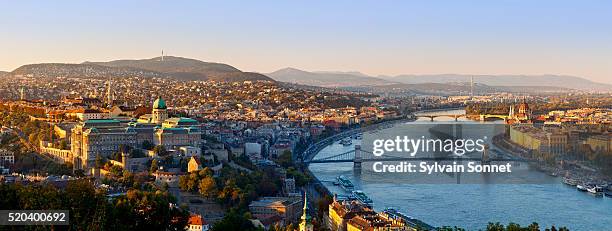 chain bridge over danube river and parliament - hungría fotografías e imágenes de stock