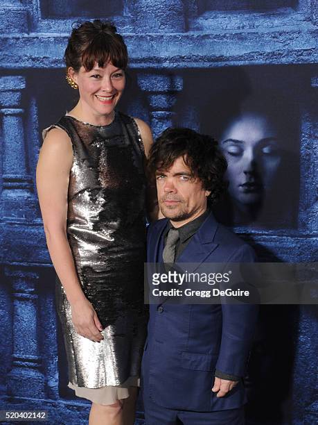 Actor Peter Dinklage and Erica Schmidt arrive at the premiere of HBO's "Game Of Thrones" Season 6 at TCL Chinese Theatre on April 10, 2016 in...