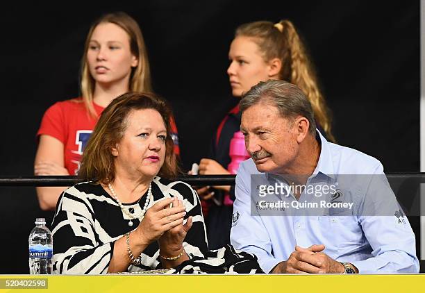 Gina Rinehart speaks to John Bertrand the Swimming Australia President during day five of the Australian Swimming Championships at the South...
