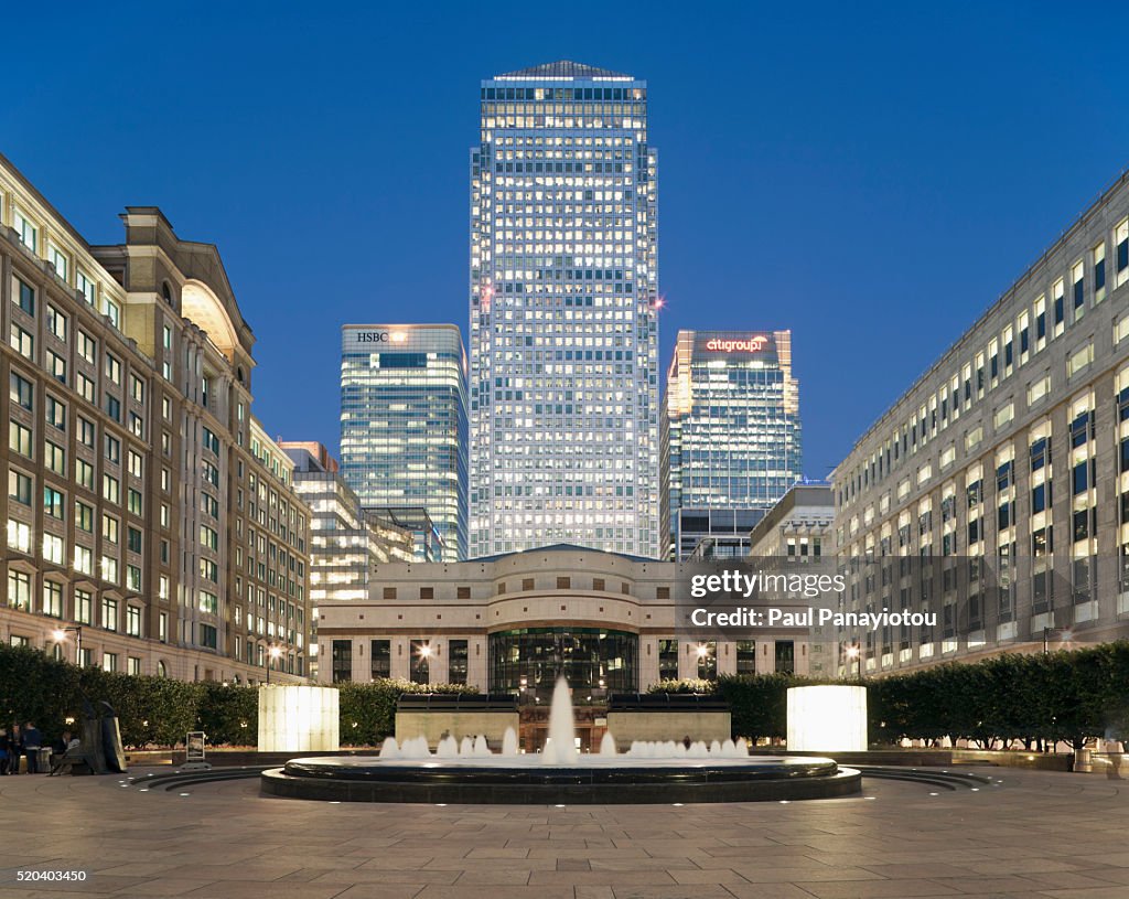 Canary Wharf viewed from Cabot Square, London, England, UK