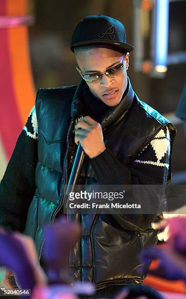 Rapper T.I. Appears on stage during MTV's Total Request Live at the MTV Times Square Studios on January 20, 2005 in New York City.