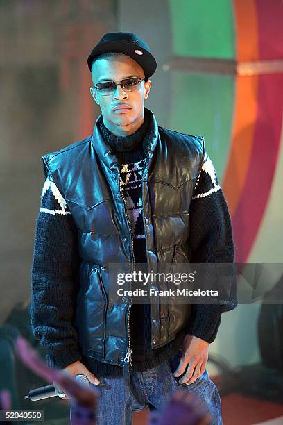 Rapper T.I. Appears on stage during MTV's Total Request Live at the MTV Times Square Studios on January 20, 2005 in New York City.