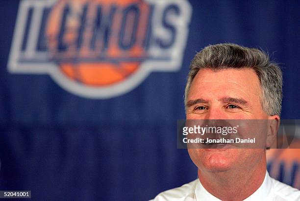 Head coach Bruce Weber of the Illinois Fighting Illini talks to the media following a game against the Iowa Hawkeyes on January 20, 2005 in the...