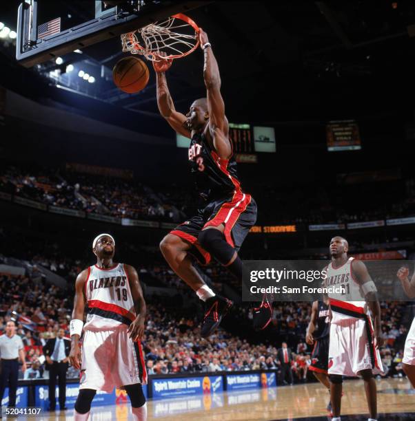 Dwyane Wade of the Miami Heat dunks during a game against the Portland Trail Blazers at The Rose Garden on January 7, 2005 in Portland, Oregon. The...
