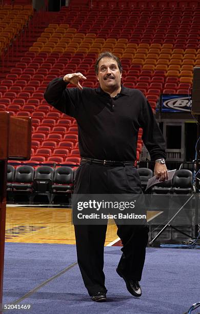 Miami Heat head coach Stan Van Gundy addresses a group of youth basketball coaches during the Miami Heat Youth Basketball Coach Clinic January 20,...