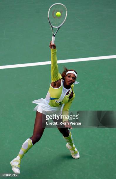 Serena Williams of the USA in action during the warm up before her match against Sania Mirza of India during day five of the Australian Open Grand...