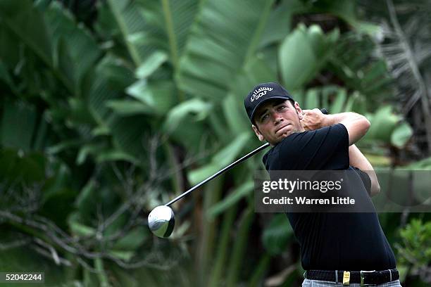 Nick Dougherty of England tees off on the fourth hole during the second round of the South African Airways Open at Durban Country Club on January 21,...