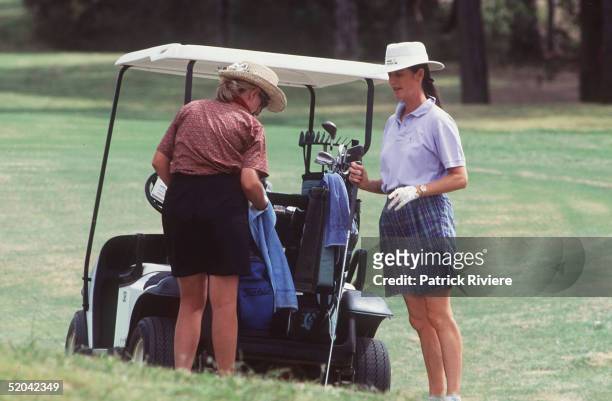 01 MARCH 1997 - JANE LUEDECKE AND KERRIE ANNE KENNERLEY AT THE OPENING OF THE CYPRESS LAKE RESORT IN THE HUNTER VALLEY, AUSTRALIA.