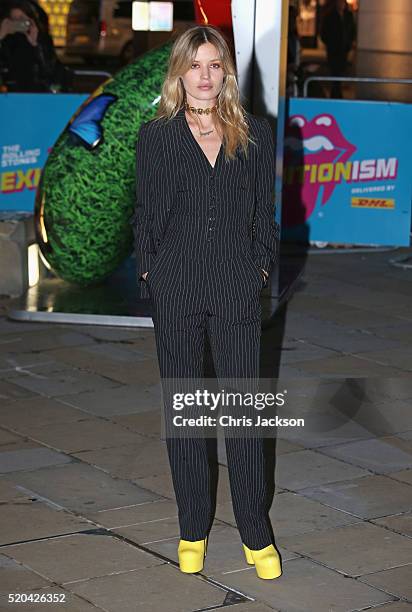 Georgia May Jagger arrives for the private view of 'The Rolling Stones: Exhibitionism' at the Saatchi Gallery on April 4, 2016 in London, England.