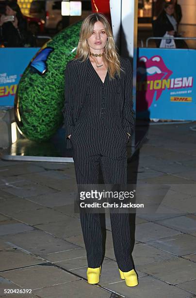 Georgia May Jagger arrives for the private view of 'The Rolling Stones: Exhibitionism' at the Saatchi Gallery on April 4, 2016 in London, England.