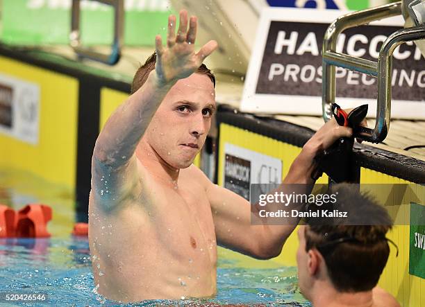 Matthew Wilson of Australia reacts after the Men's 200 metre Breaststroke during day five of the Australian Swimming Championships at the South...