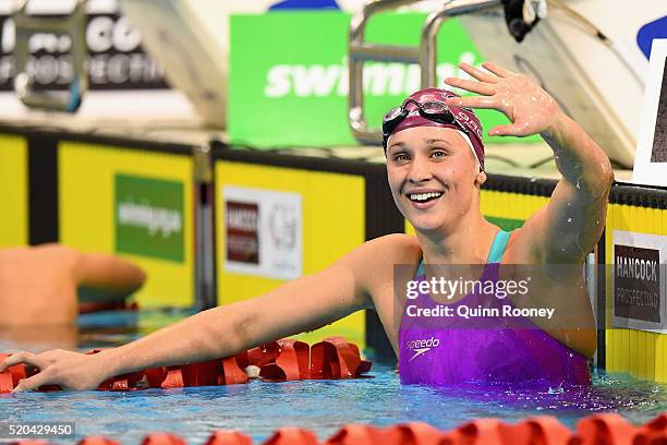 Madeline Groves of Australia celebrates winning the Women's 200 Metre Butterfly during day four of the Australian Swimming Championships at the South...