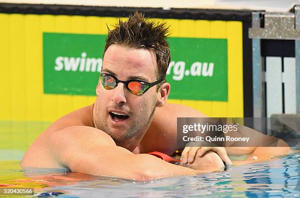 James Magnussen of Australia catches his breath after competing in the Men's 100 Metre Freestyle during day five of the Australian Swimming...