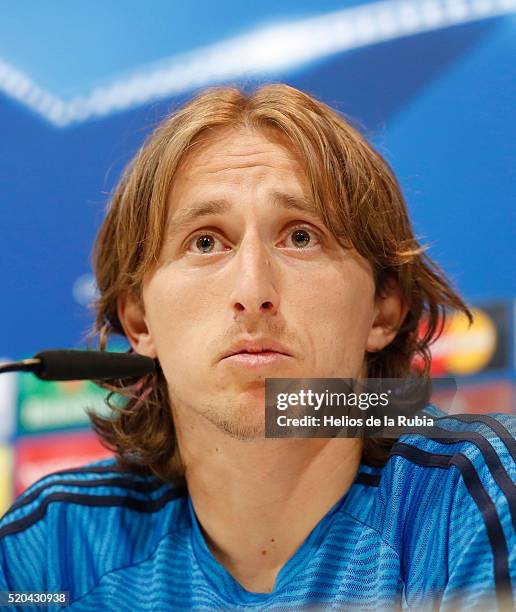 Luka Modric of Real Madrid attends a press conference at Valdebebas training ground on April 11, 2016 in Madrid, Spain.