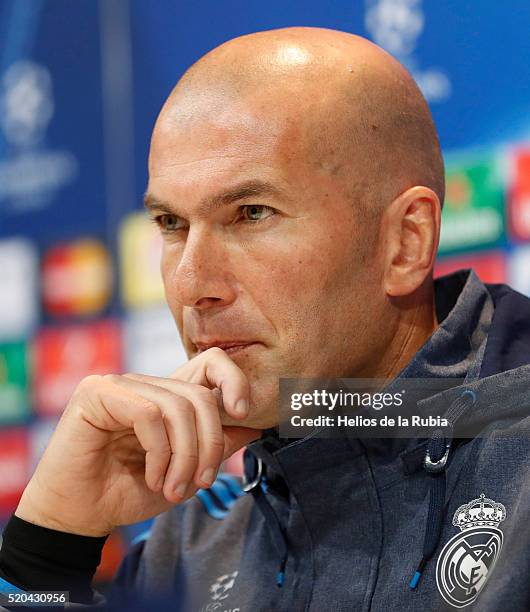 Head coach Zinedine Zidane of Real Madrid attends a press conference at Valdebebas training ground on April 11, 2016 in Madrid, Spain.