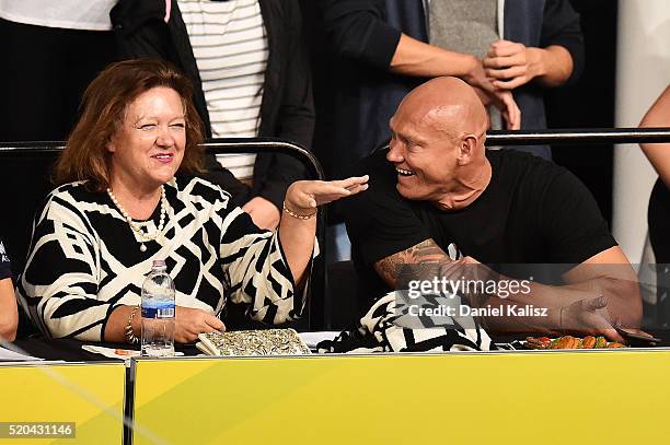 Gina Rinehart speaks to Michael Klim during day five of the Australian Swimming Championships at the South Australian Aquatic & Leisure Centre on...