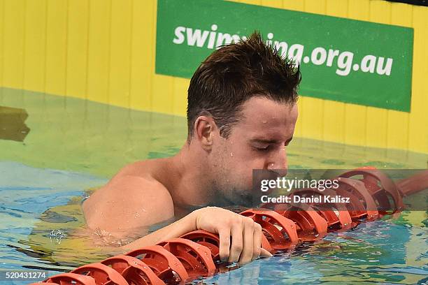 James Magnussen of Australia looks dejected after the Men's 100 metre Freestyle during day five of the Australian Swimming Championships at the South...