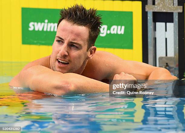 James Magnussen of Australia catches his breath after competing in the Men's 100 Metre Freestyle during day five of the Australian Swimming...