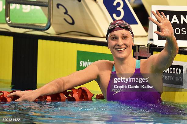 Madeline Groves of Australia reacts after the Women's 200 metre Butterfly during day five of the Australian Swimming Championships at the South...