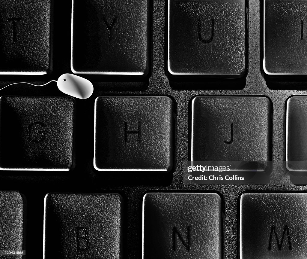 Tiny computer mouse amongst computer keys