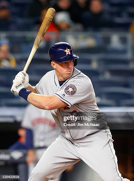 Erik Kratz of the Houston Astros in action against the New York Yankees at Yankee Stadium on April 6, 2016 in the Bronx borough of New York City. The...