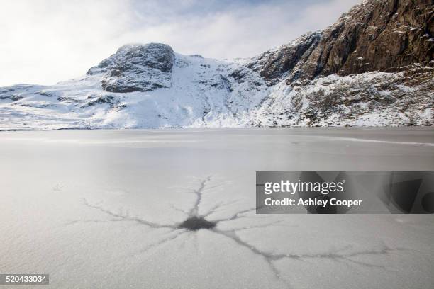stickle tarn with crack patterns in the ice, above the langdale valley in the lake district, uk, - ice crack stock-fotos und bilder