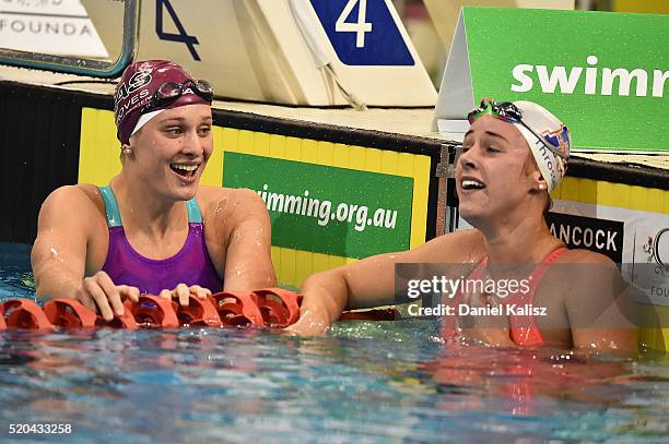 Madeline Groves of Australia and Brianna Throssell of Australia react after the Women's 200 metre Butterfly during day five of the Australian...