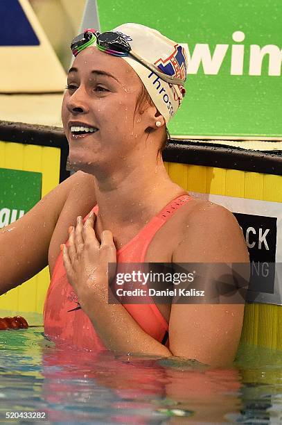 Brianna Throssell of Australia reacts after the Women's 200 metre Butterfly during day five of the Australian Swimming Championships at the South...