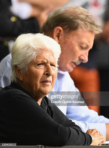 Dawn Fraser and John Bertrand the Swimming Australia President watch on during day five of the Australian Swimming Championships at the South...