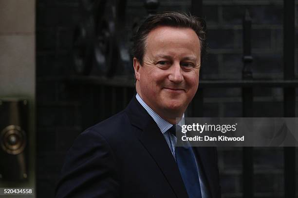 Prime Minister David Cameron leaves Downing Street on April 11, 2016 in London, England. Mr Cameron is due to address Parliament following his...