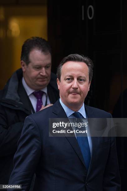 Prime Minister David Cameron leaves Downing Street on April 11, 2016 in London, England. Mr Cameron is due to address Parliament following his...